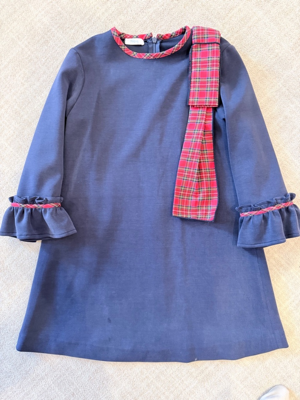 Foque Navy Dress with Red Plaid Trim children’s salon dress